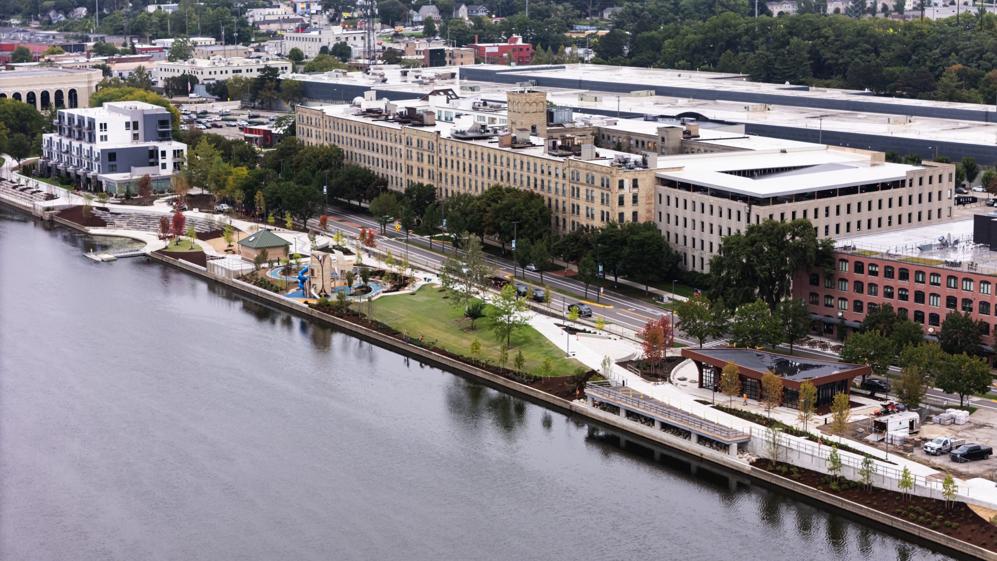 Drone view of completed Canal Park