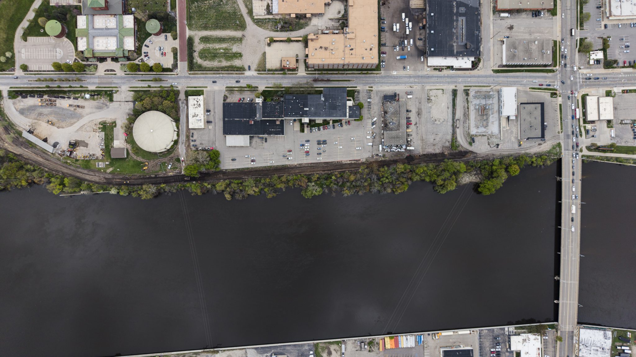 Drone image of urban riverside trail construction