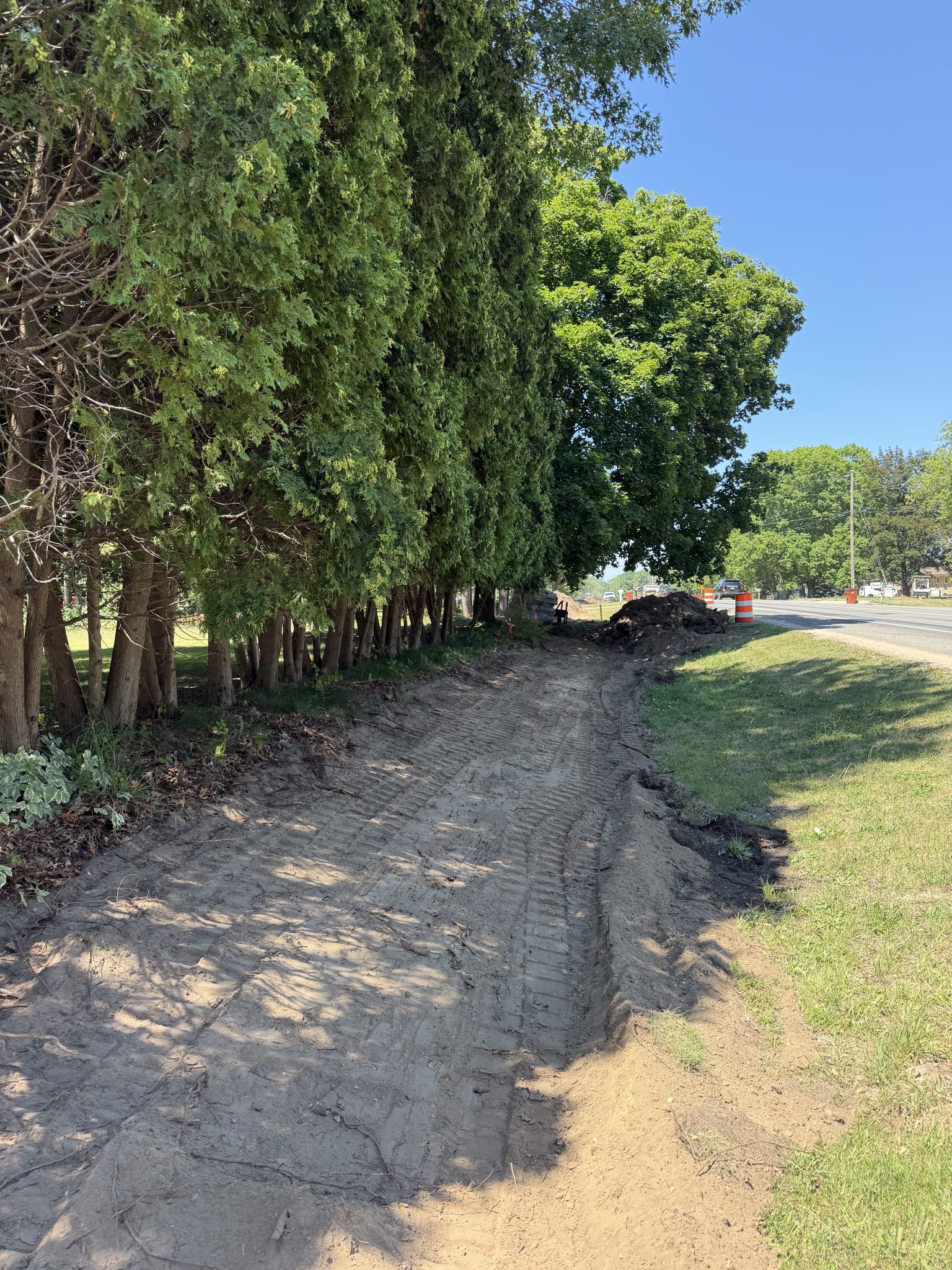 A roadside trail being built next to a line of trees