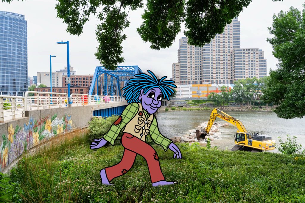 Illustration of a troll walking through an urban park with river construction in the background